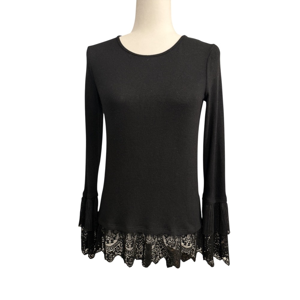 Bailey 44 Lace Trim Long Sleeve Viscose Wool Blend Pleated Cuff Top Size Small
